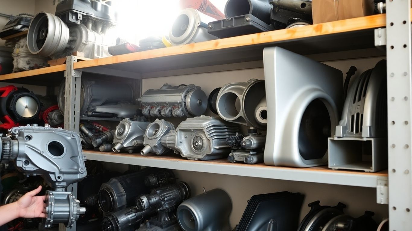 Used Chrysler car parts on a shelf in a garage.