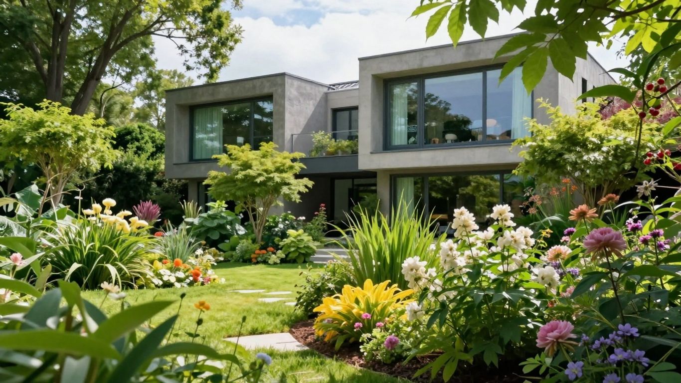 Moderne woning in een weelderige tuin met bloemen.