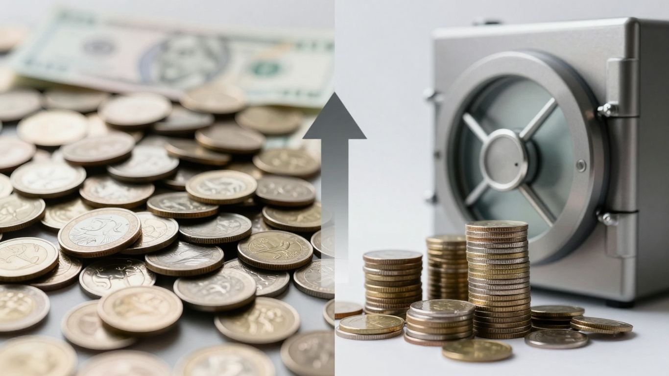 Coins and vault illustrating financial planning and savings.
