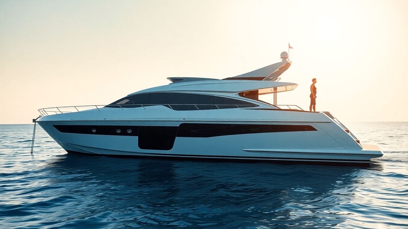 Yacht on blue water with a person on deck.