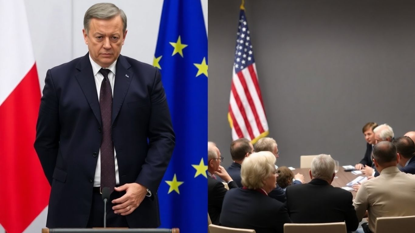 EU flag, Orbán, people at table, US flag.