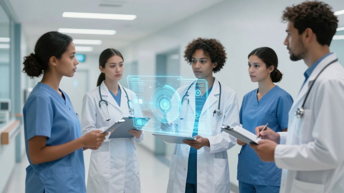 Nurses using digital technology in a modern healthcare setting.