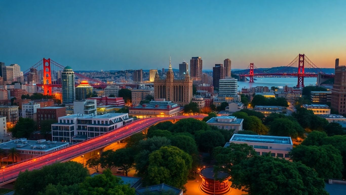 San Francisco skyline at dusk with illuminated bridges.