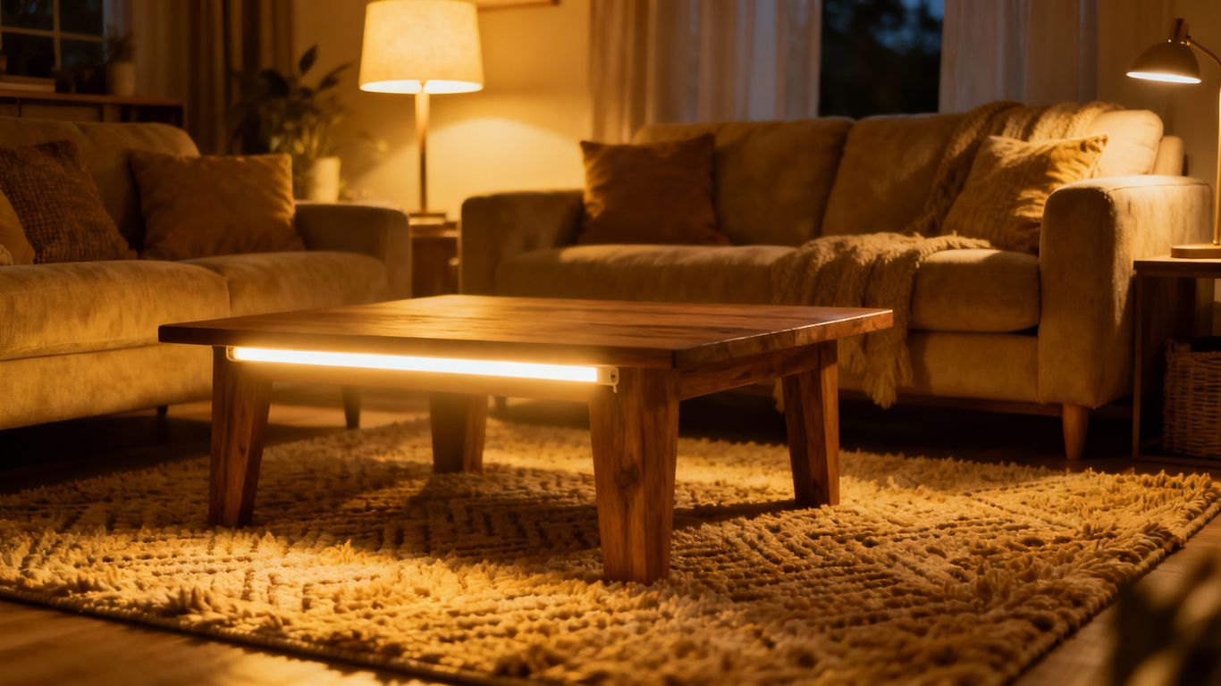 Warm indoor lighting in a cozy living room.