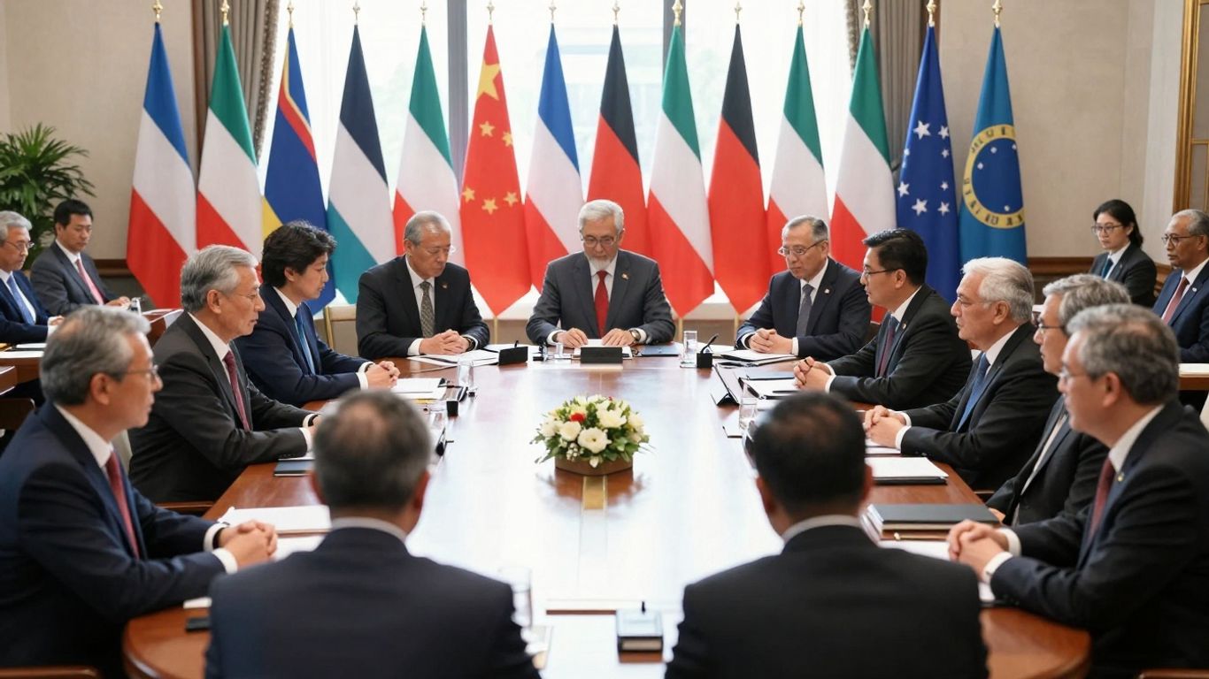 Lideri mondiali discutând la un summit internațional.