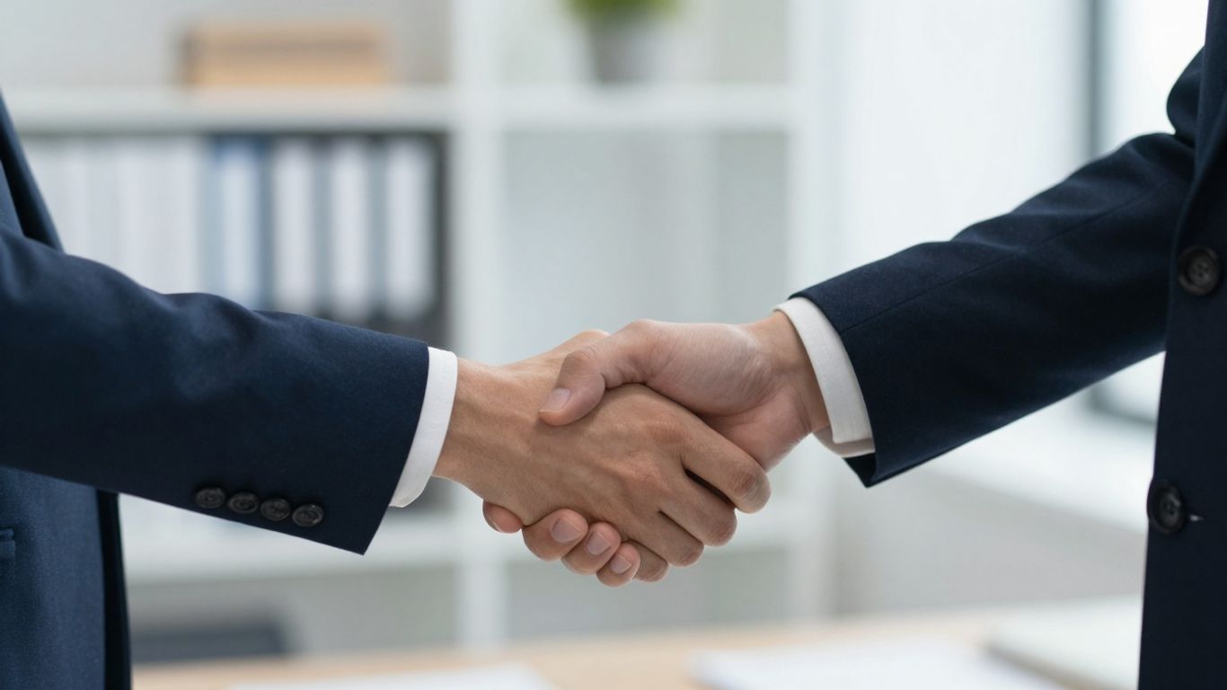 Handshake over a document in an office.