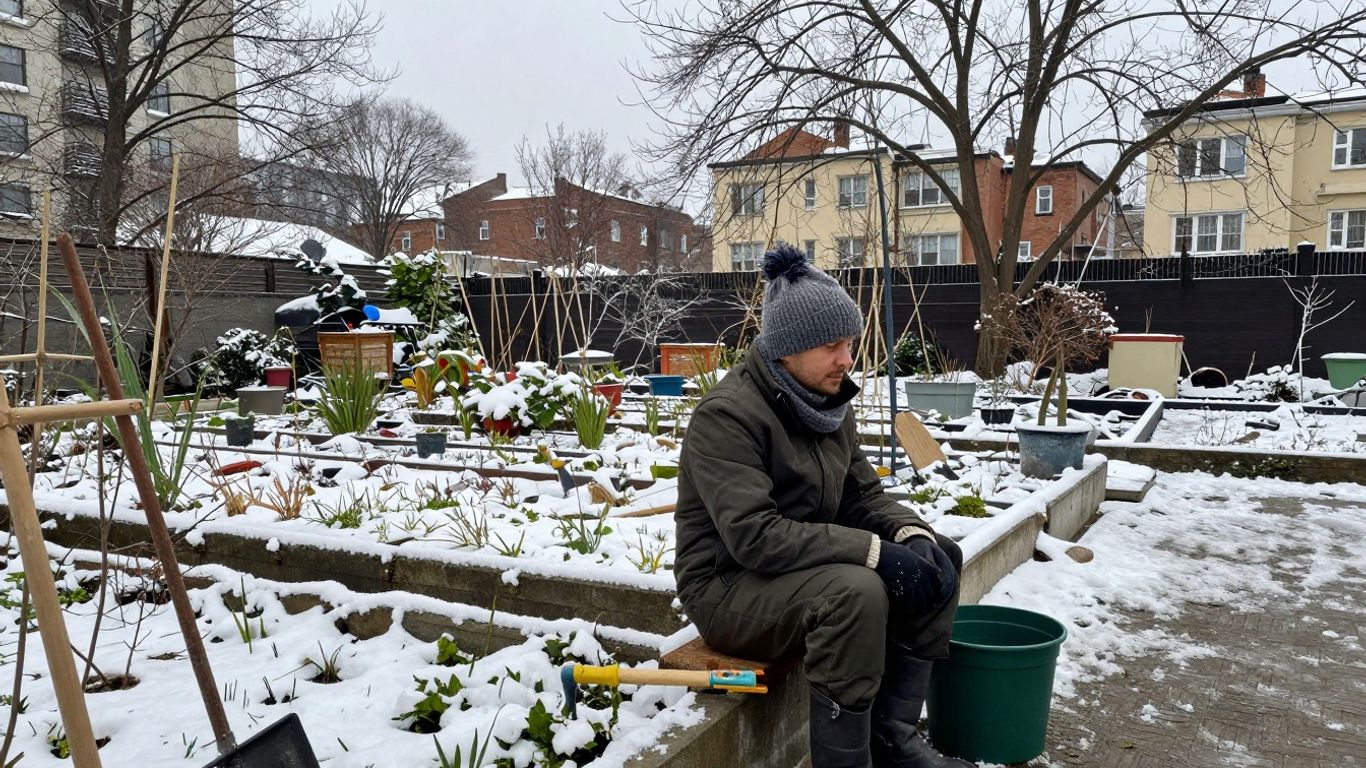 Stadtgärtner ruht im verschneiten Wintergarten.