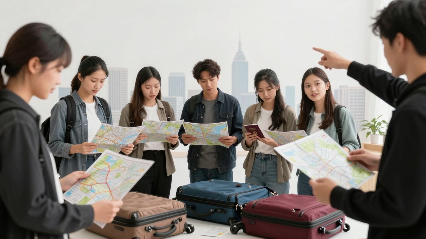People packing for international travel, looking at maps.