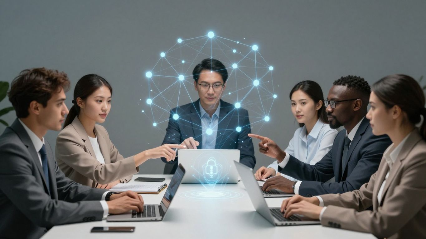 Team discussing cybersecurity strategy with digital network overlay.