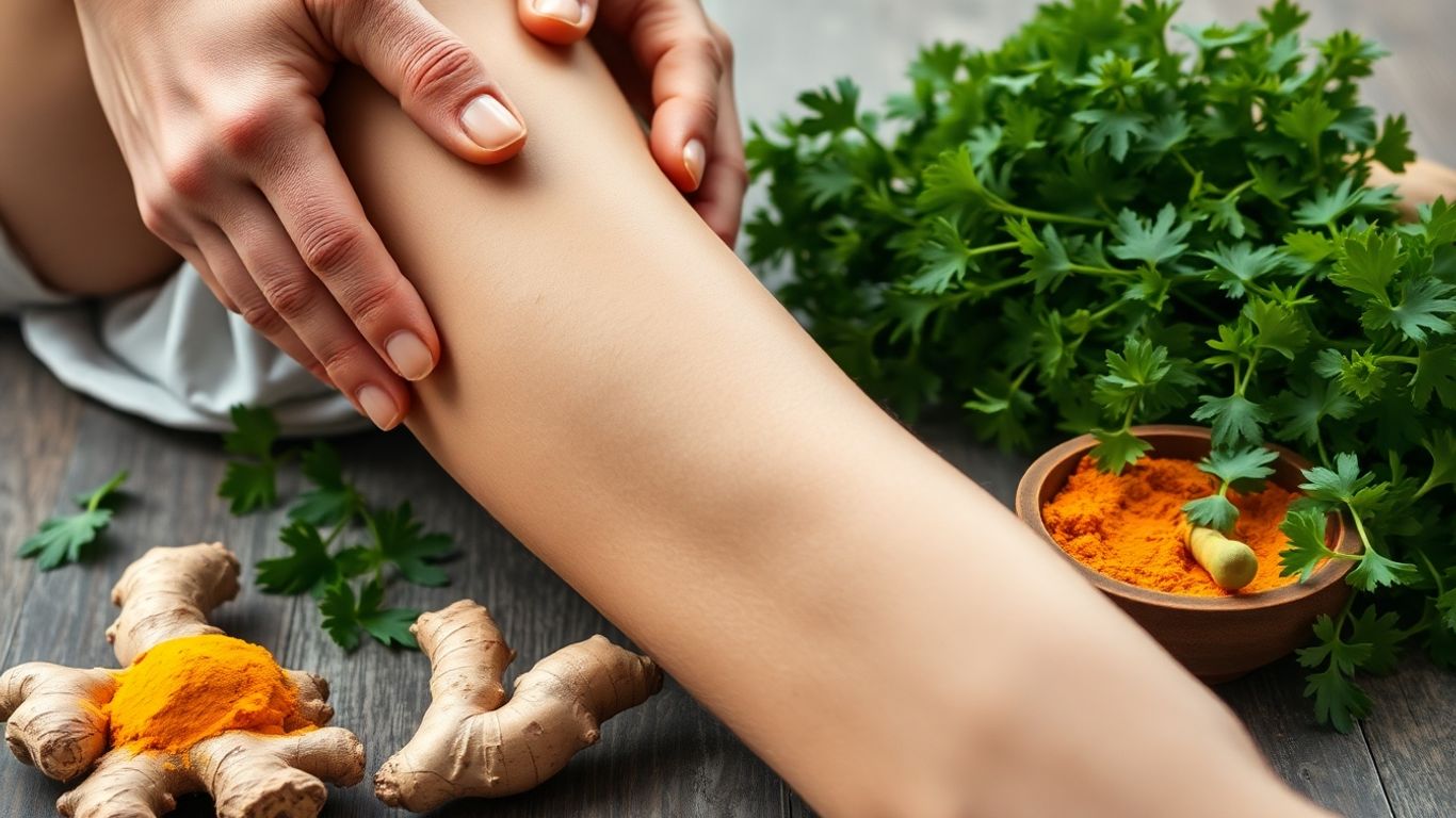 Person massaging knee with herbs and spices.