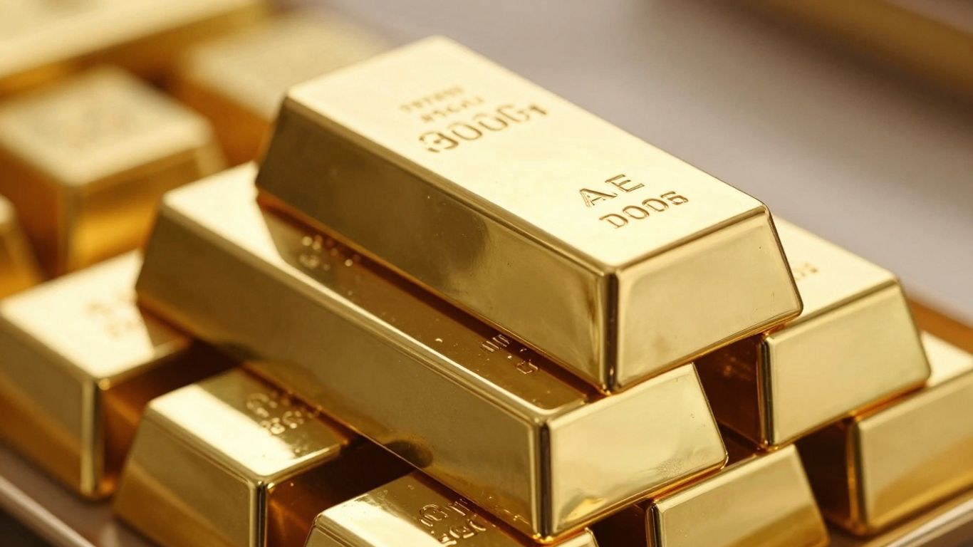 Lingots d'or empilés, brillance métallique.