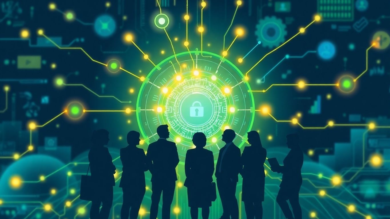 Business professionals collaborating with technology and data.