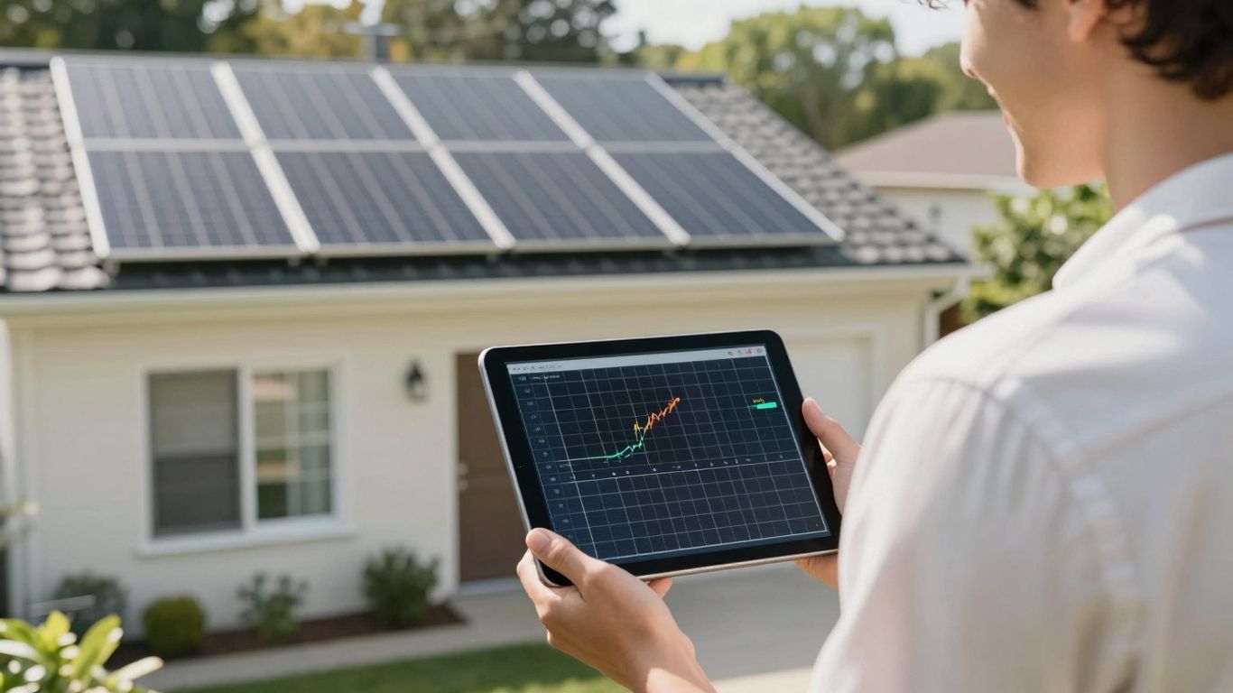House With Solar Panels And Person Holding Tablet.