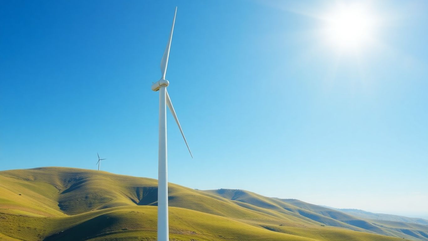 Turbină eoliană pe dealuri verzi sub cerul albastru.