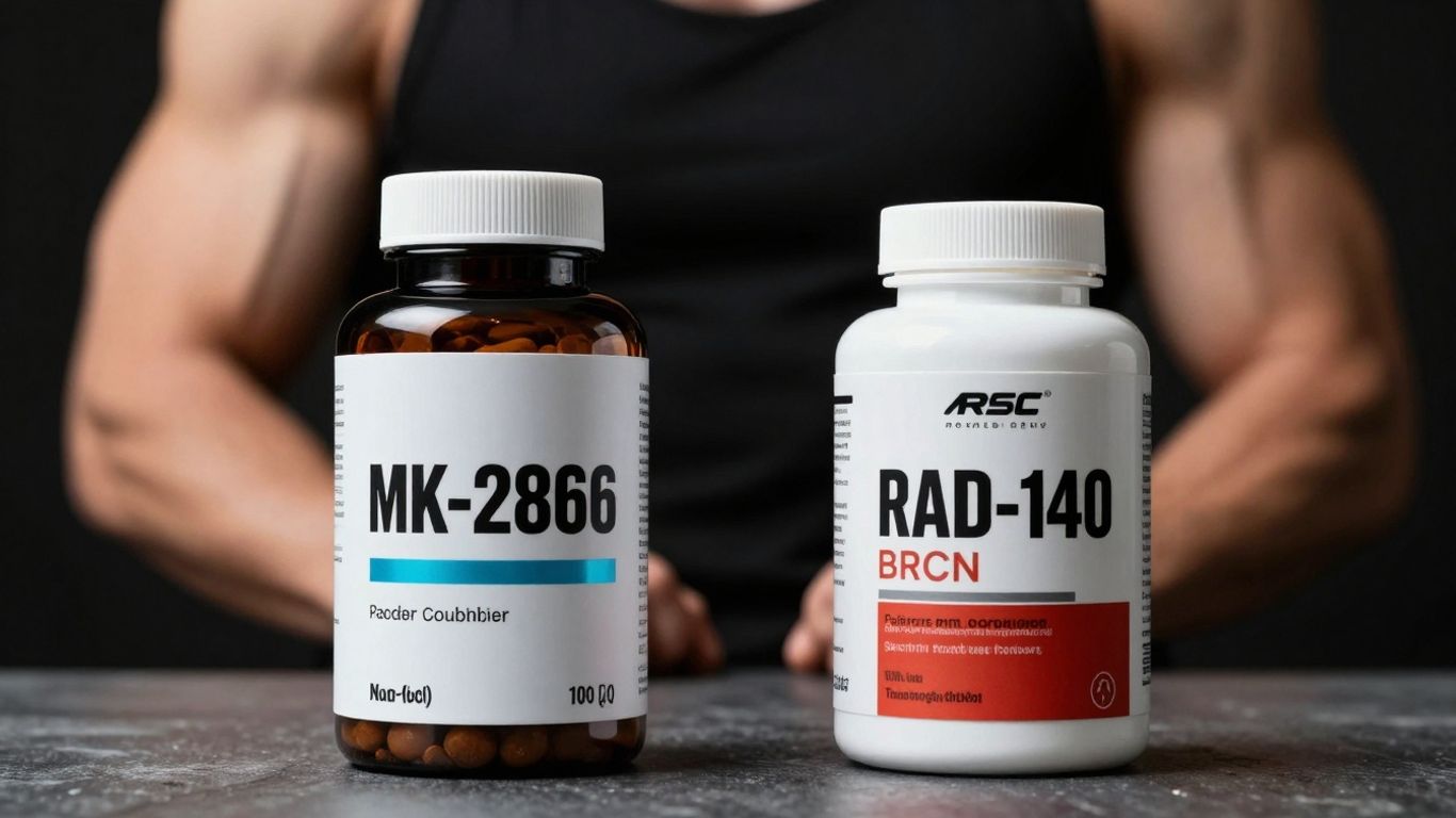 Comparison of MK-2866 and RAD-140 supplement bottles.