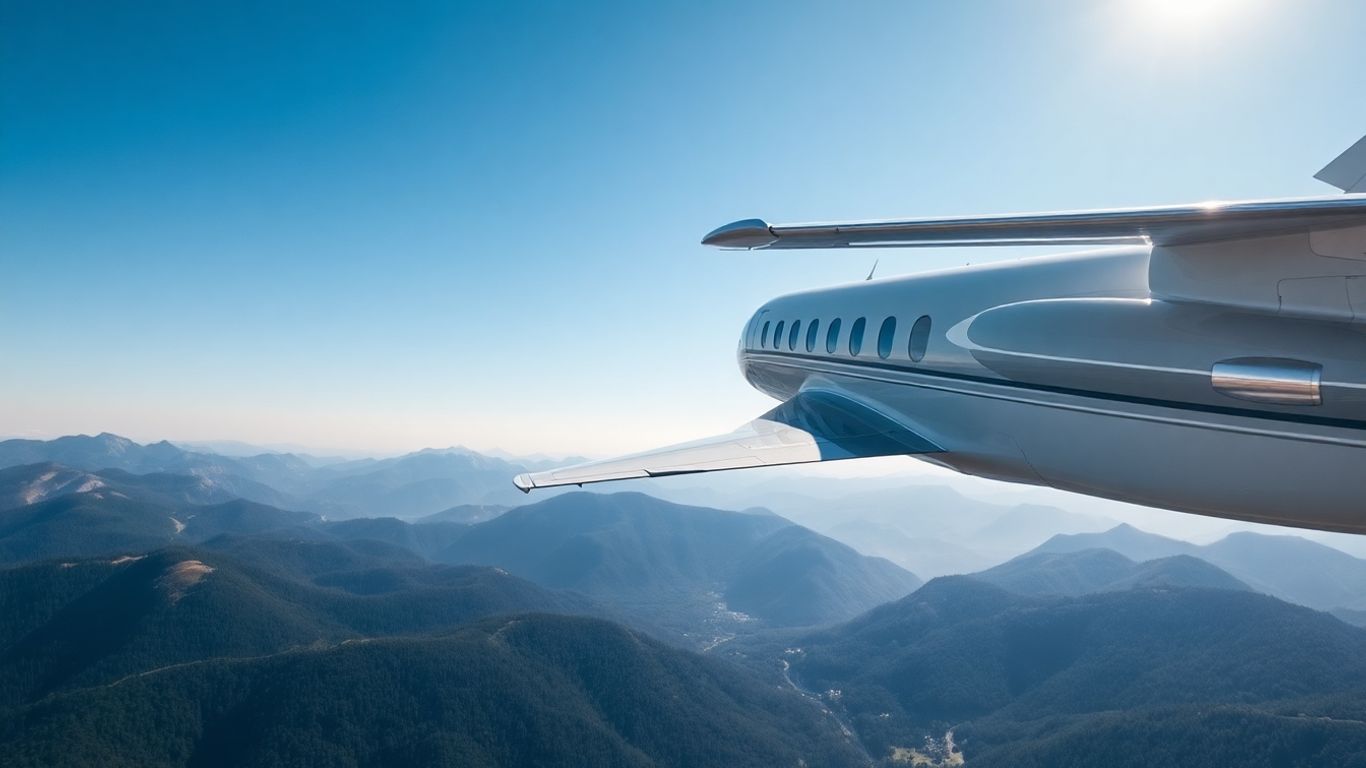 Private jet flying over mountains and forests.