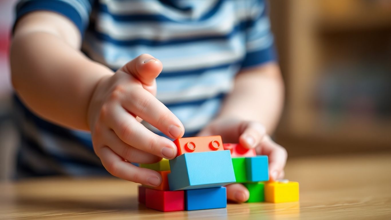 Child's hands holding a colorful building block.
