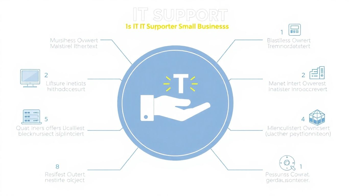 Small business IT support infographic with technology icons.