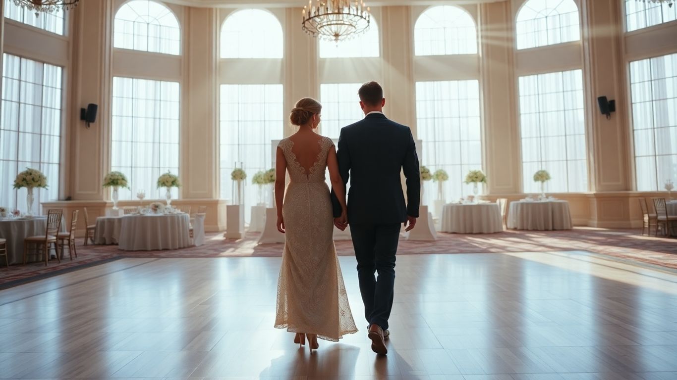 Couple touring a sunlit, elegant ballroom venue.