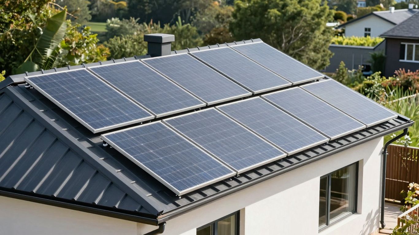 Maison avec panneaux solaires sous un ciel ensoleillé.