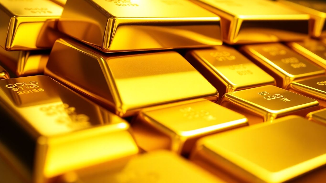 Lingots d'or brillants empilés, gros plan.