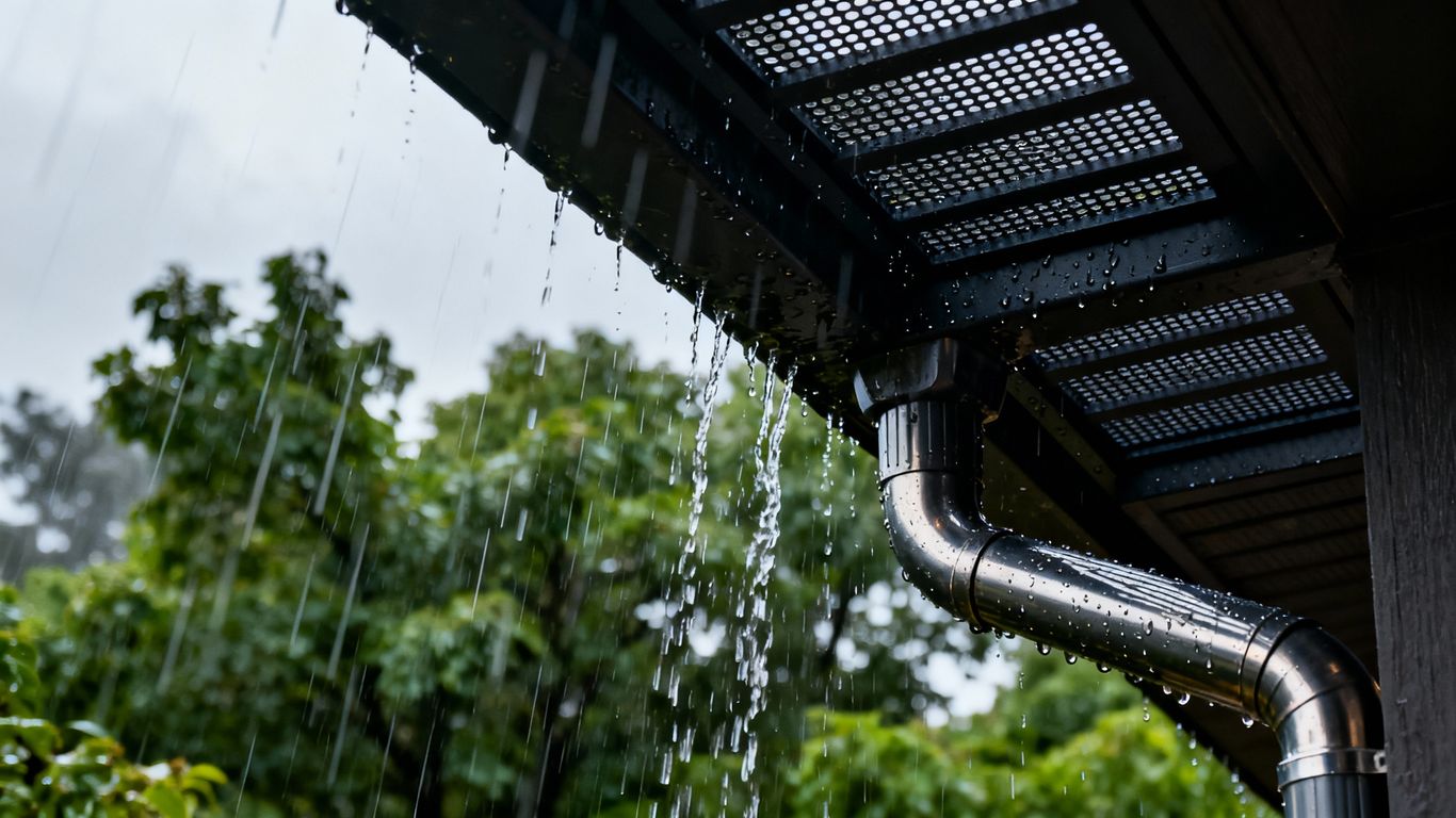 Gutter guards protecting a home during heavy rain.