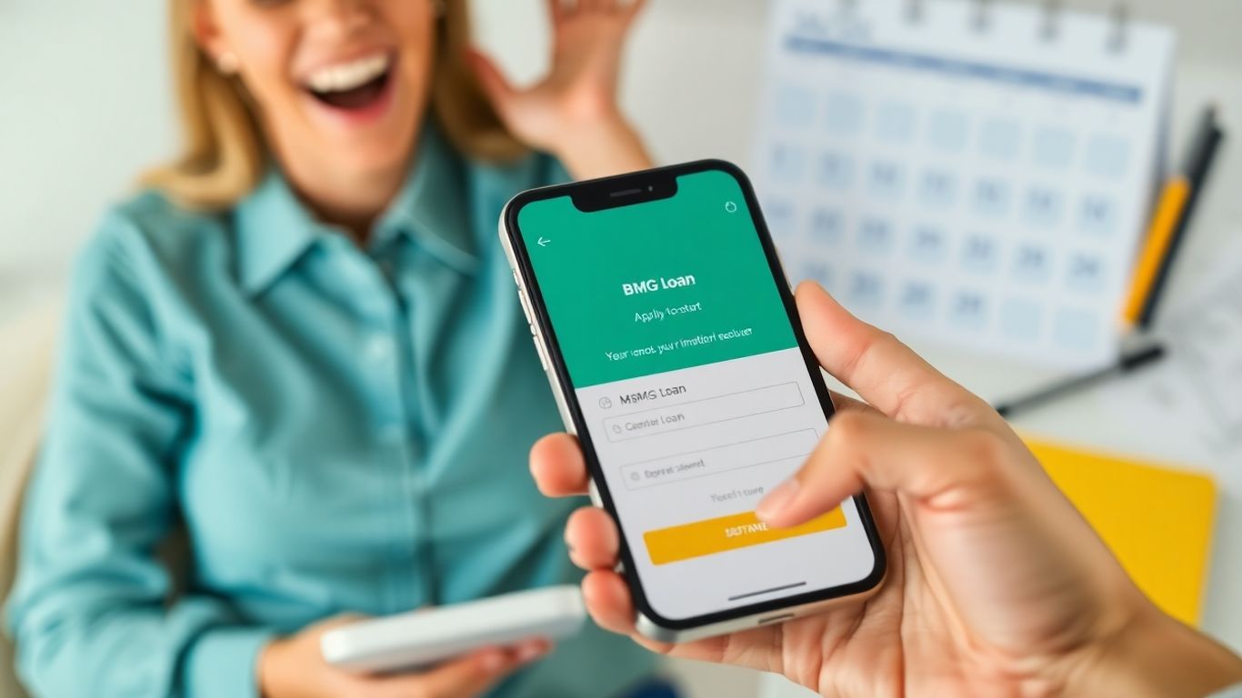 Mão segurando celular com app BMG
