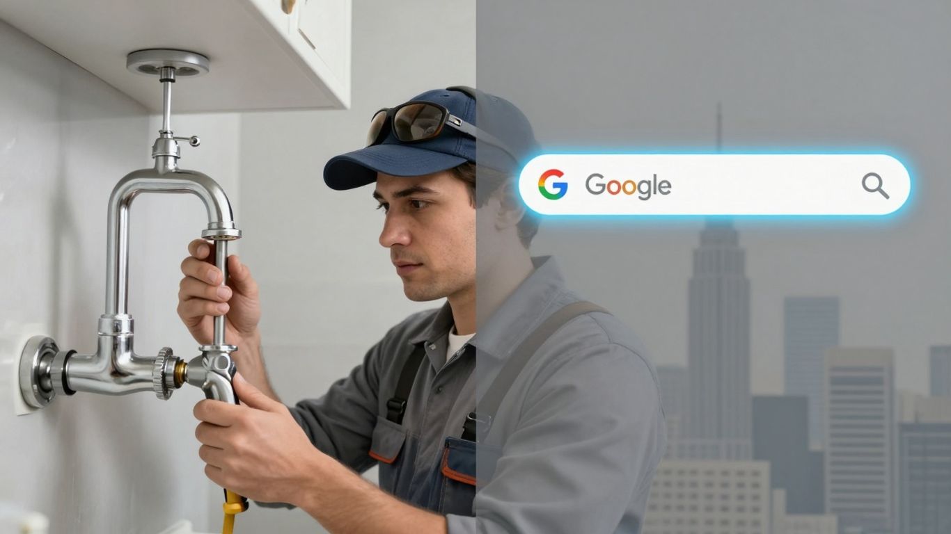 Plumber fixing tap with Google search bar above city.