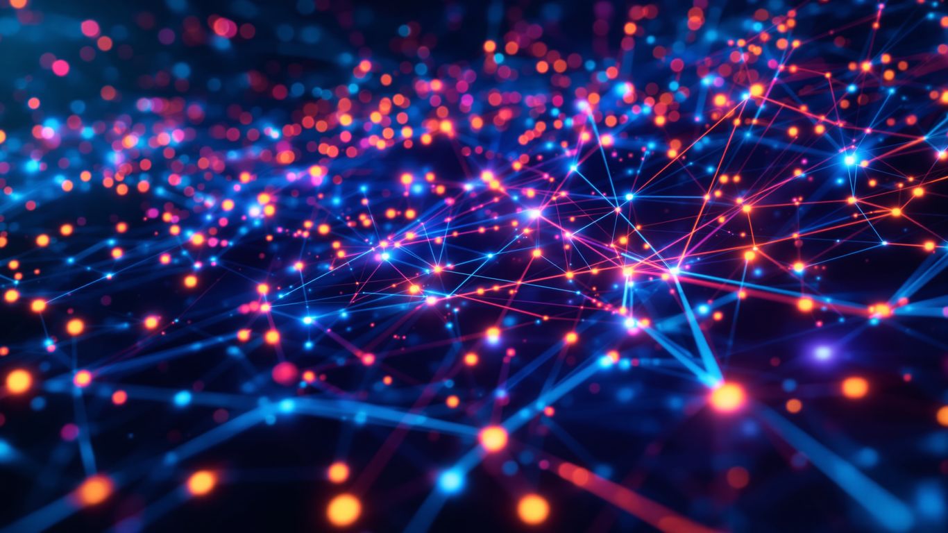 Digital network with glowing nodes and light trails.