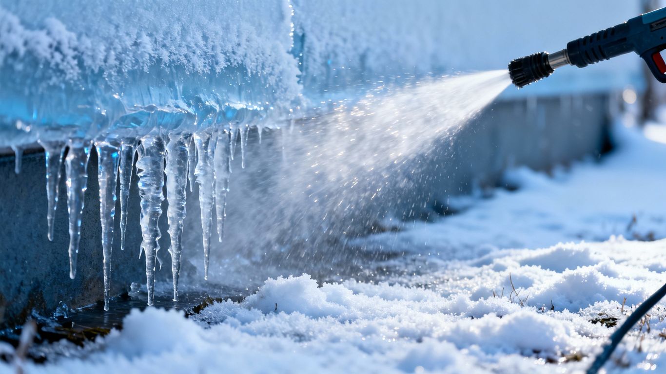 Power washing in freezing winter conditions.