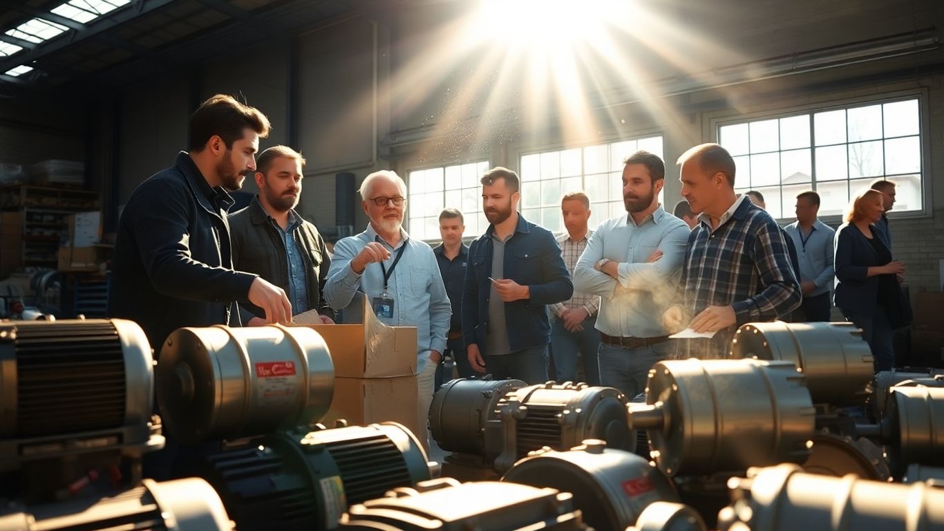 People inspecting motor parts in a warehouse.