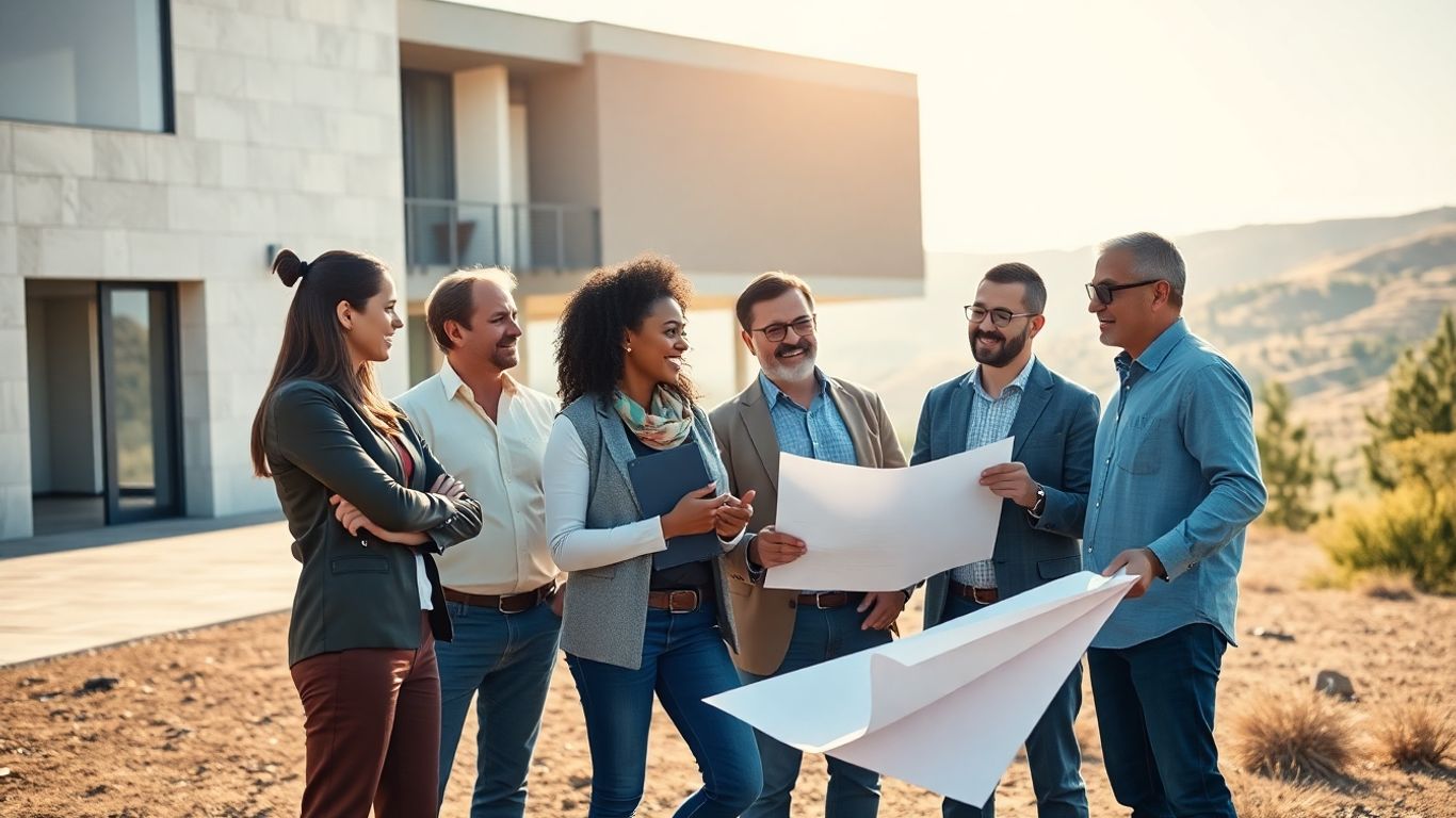 Architects discussing plans in front of a modern building.