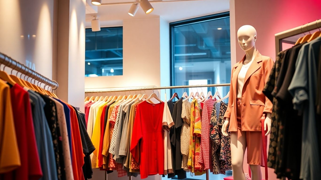Modern boutique interior with colorful clothing racks and a mannequin.