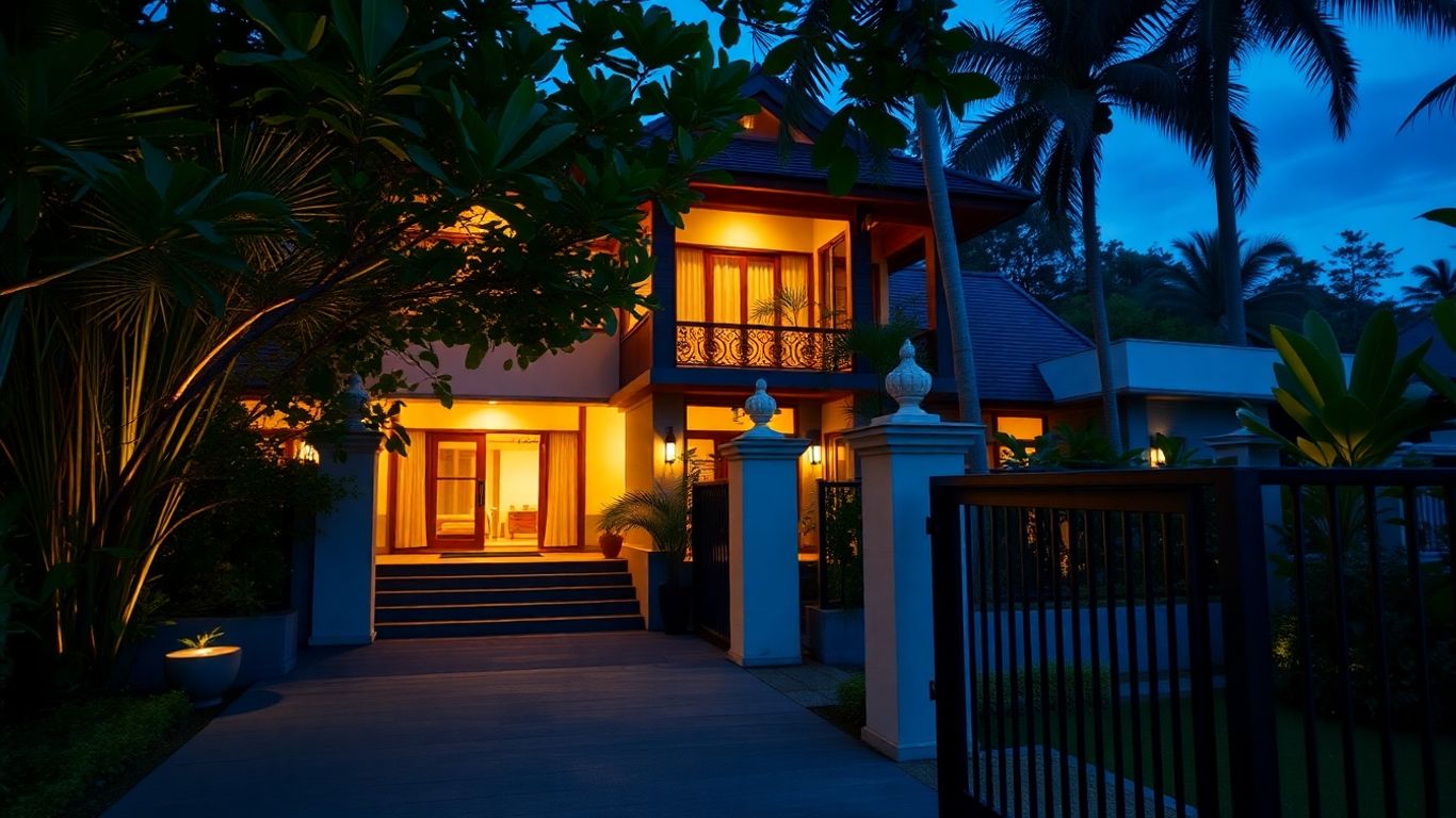 Secure Balinese villa with tropical plants and security camera.