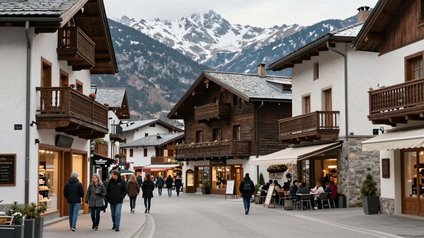 Andorra La Vella street with mountains and shops.