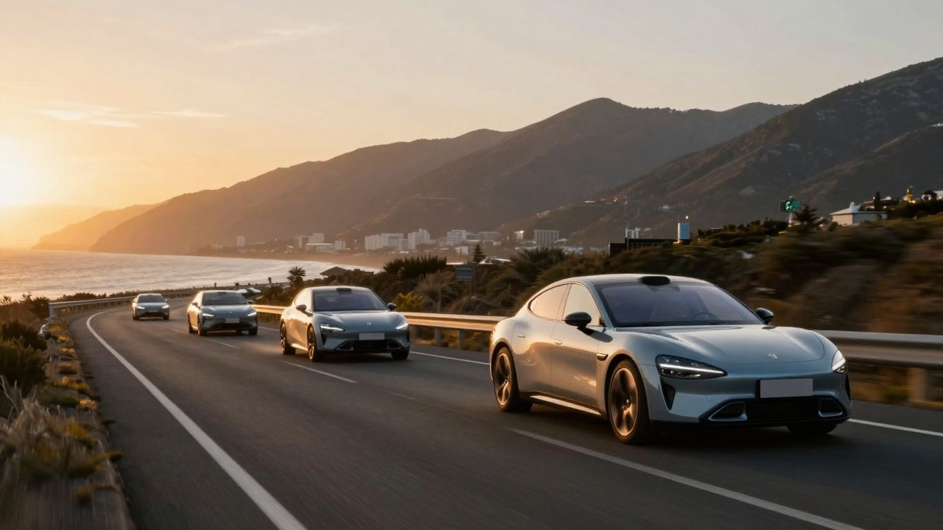 Electric cars driving on a scenic coastal highway at sunset.