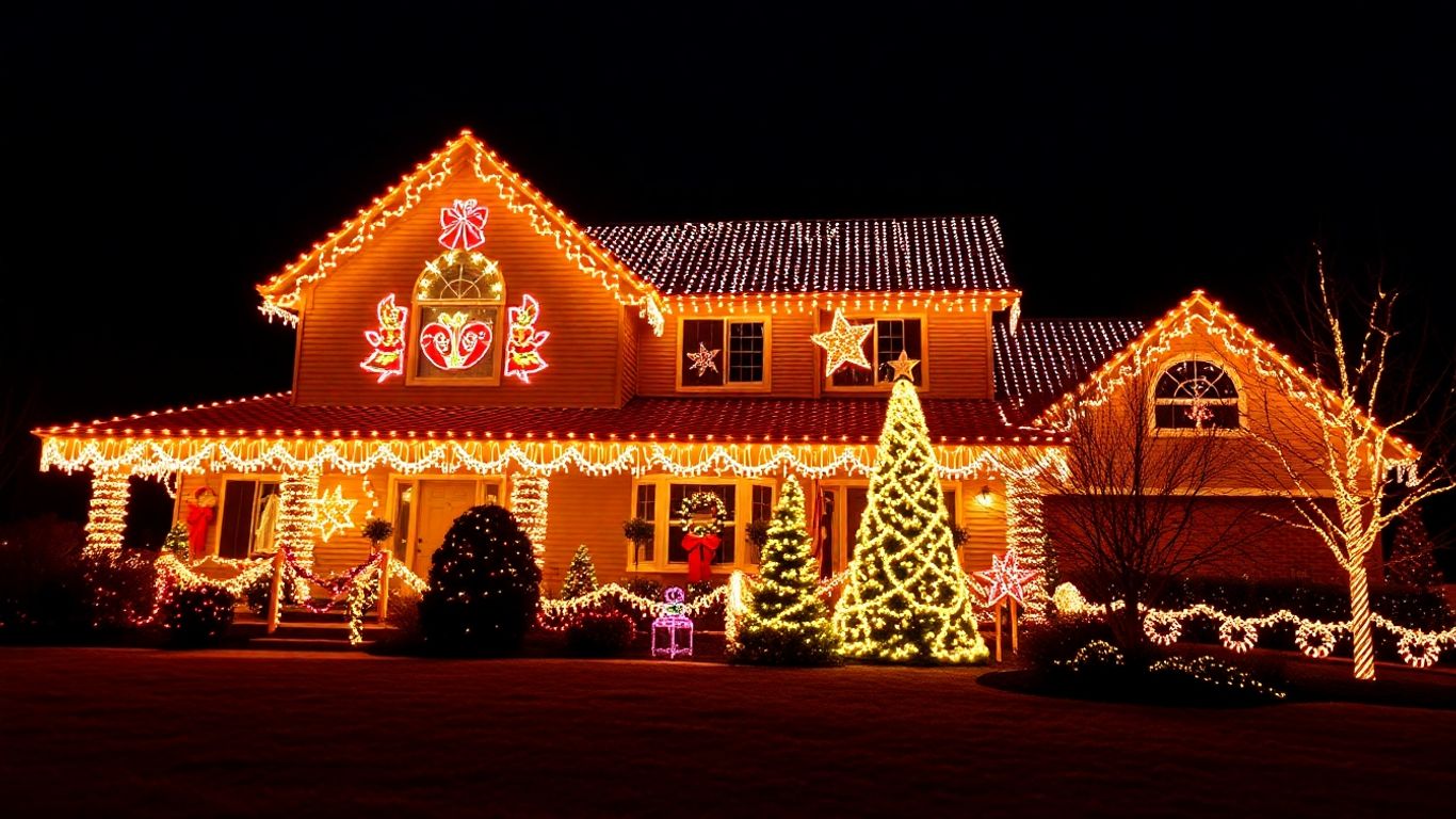 House decorated with permanent Christmas lights at night.