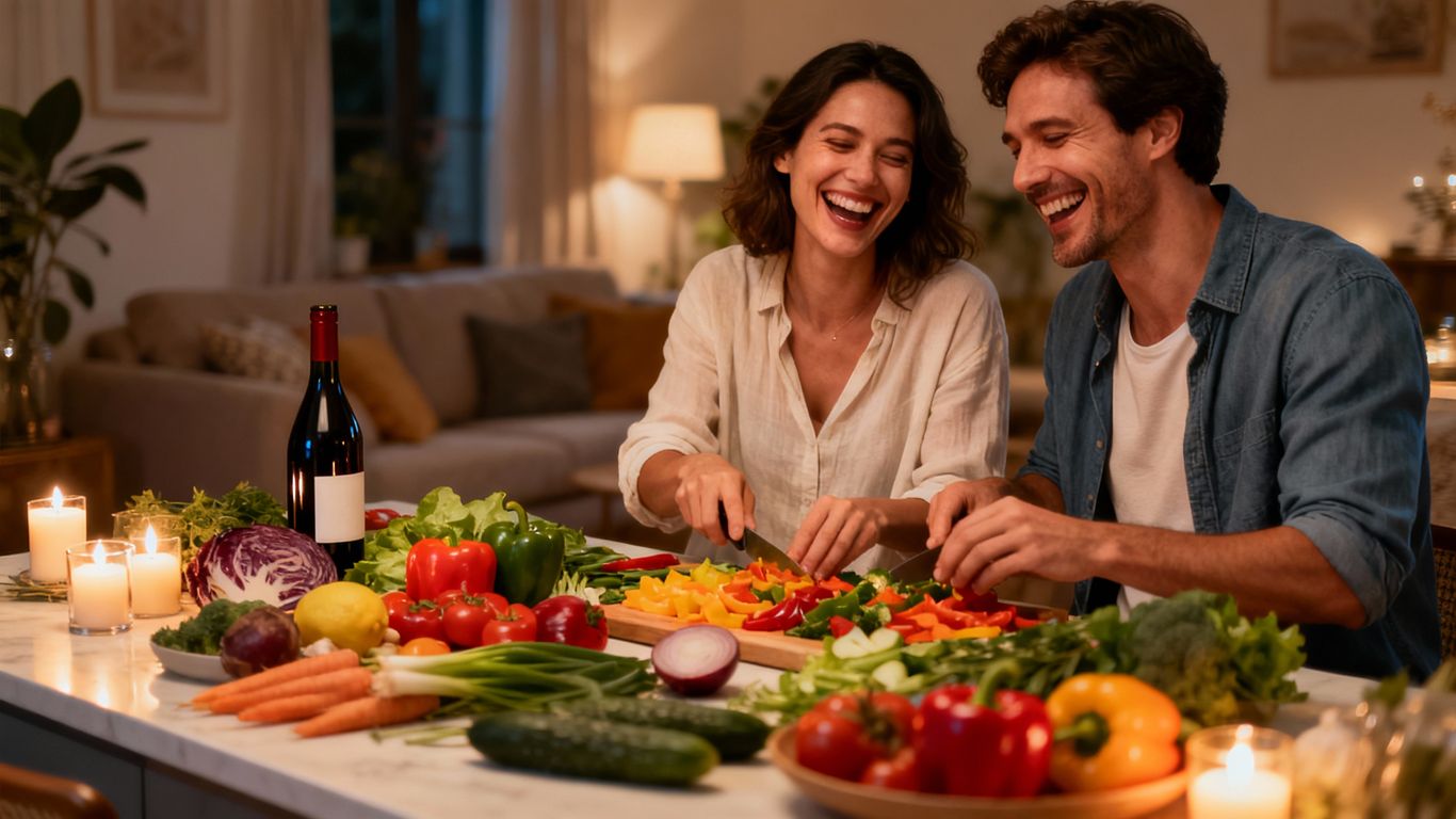 Couple cooking together for a creative date night.