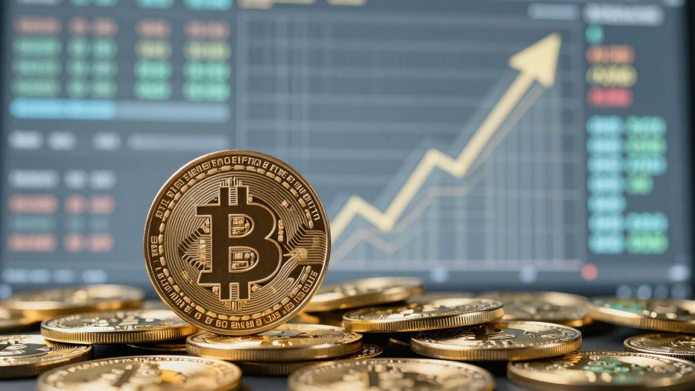 Bitcoin coins rising, digital circuits background, financial growth.