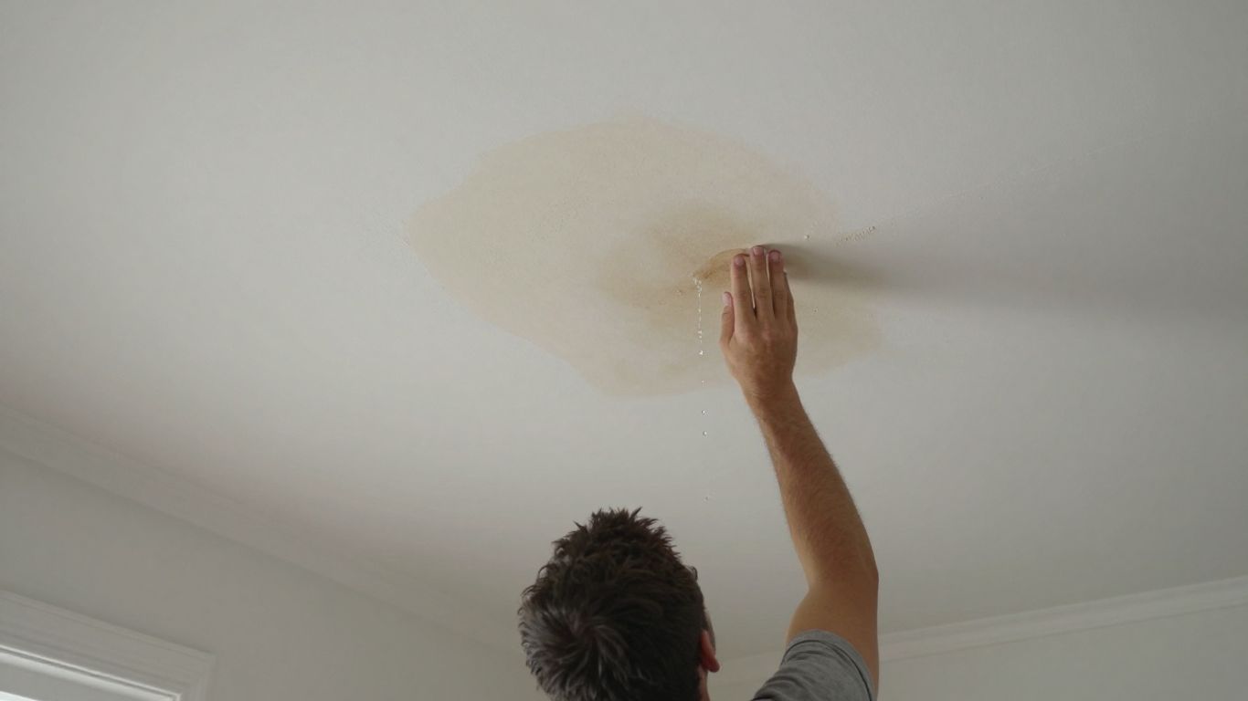 Ceiling stain with dripping water, indicating roof damage.
