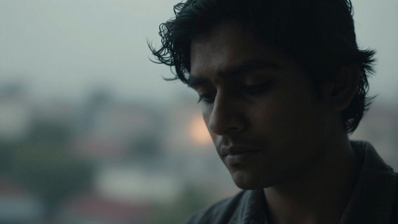 Persona oculta en sombras con ciudad borrosa.