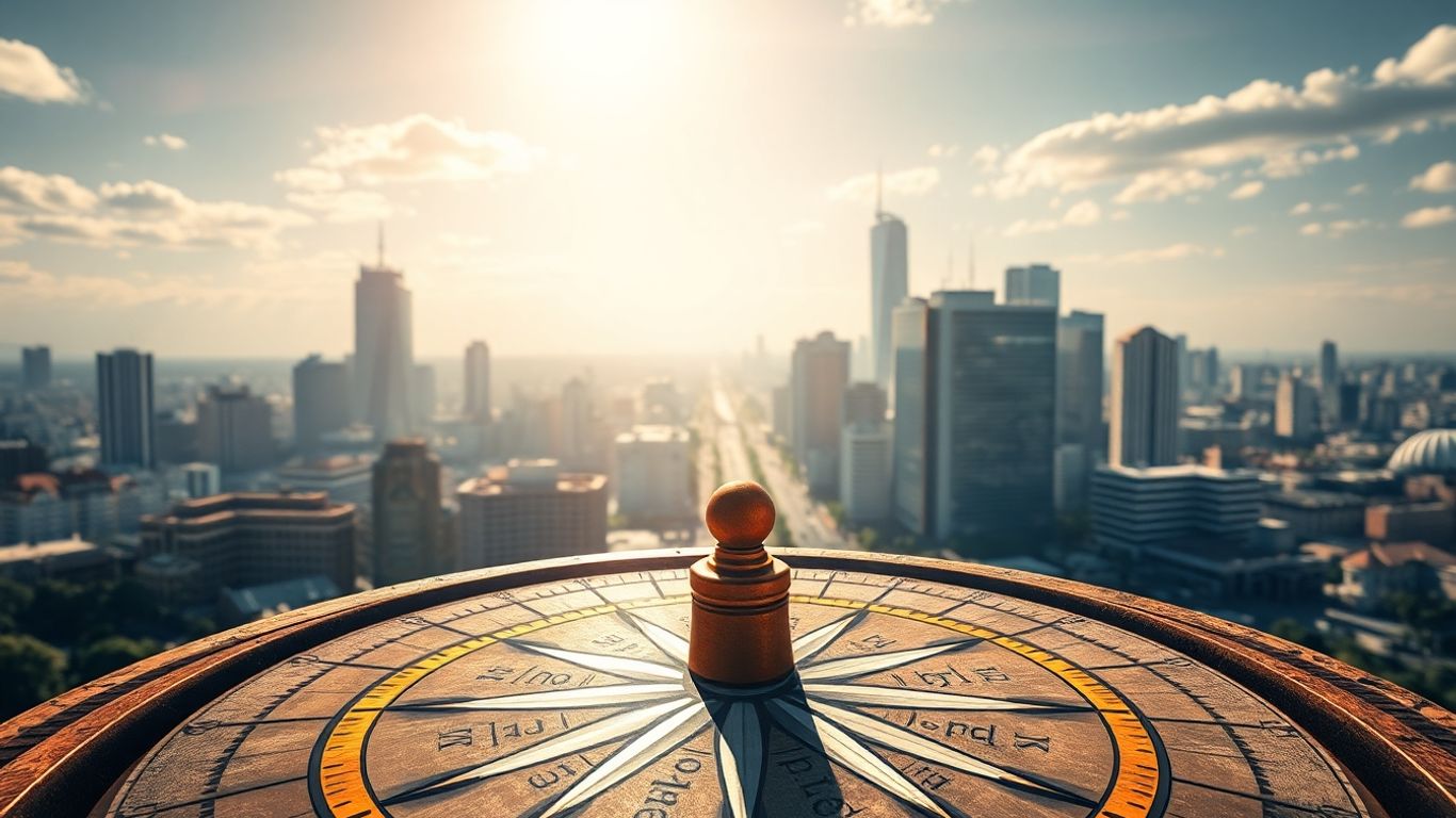 Australian administrative evolution, compass, modern cityscape, historical elements.