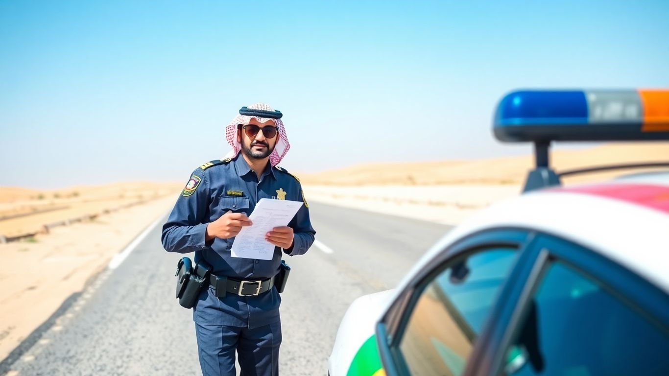 شرطي مرور سعودي بجانب سيارة دورية على طريق صحراوي