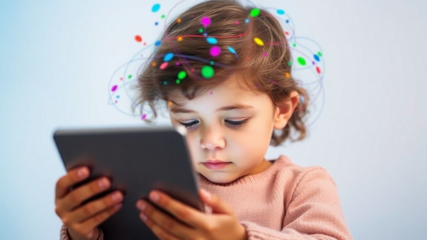 Copil absorbit de ecran, elemente digitale colorate în jur.