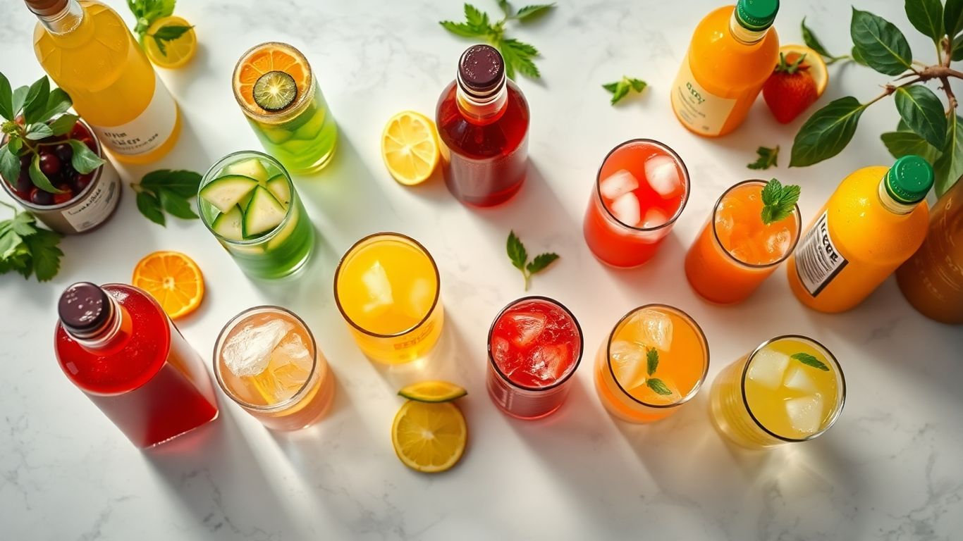 Assortment of colorful non-alcoholic drinks and mocktails.