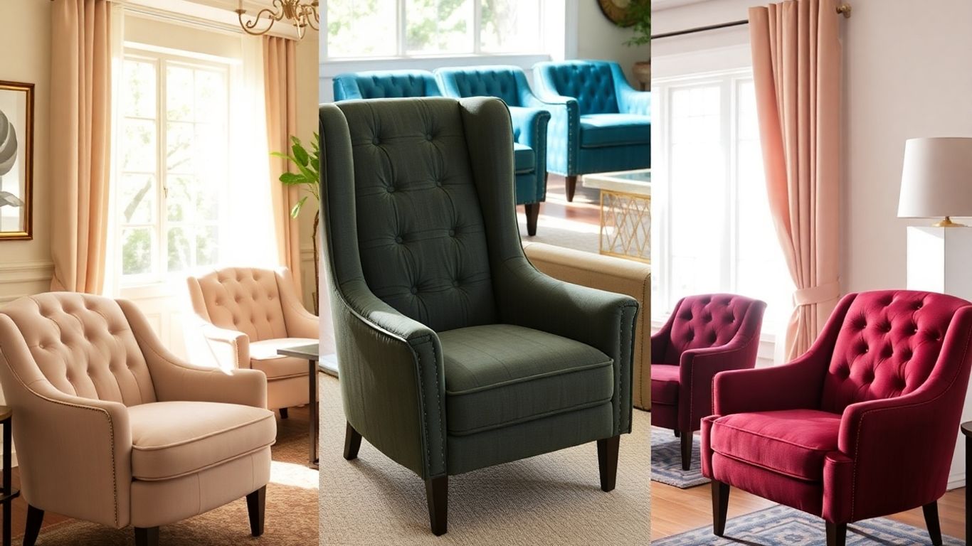 Various upholstered chairs in different room settings.