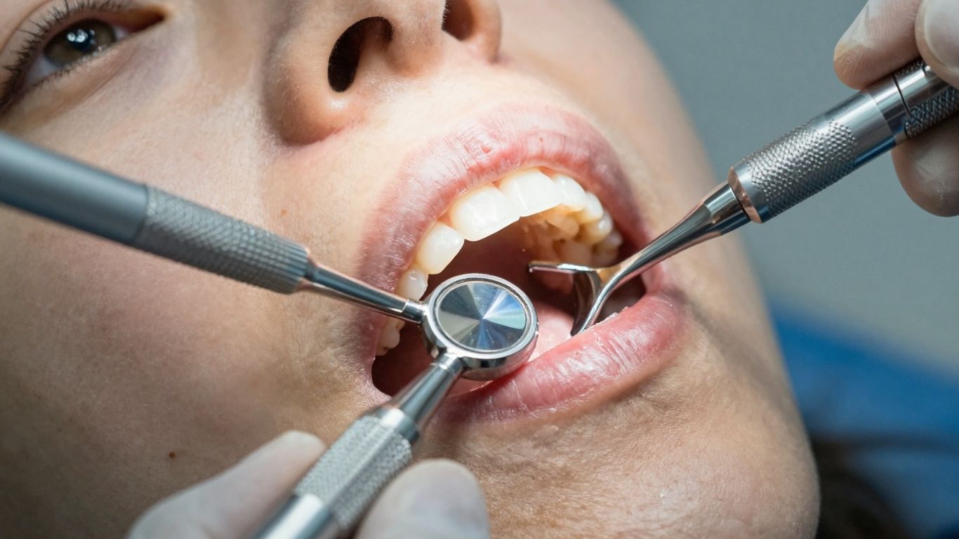 Dentist's magnified tools examining a patient's tooth.