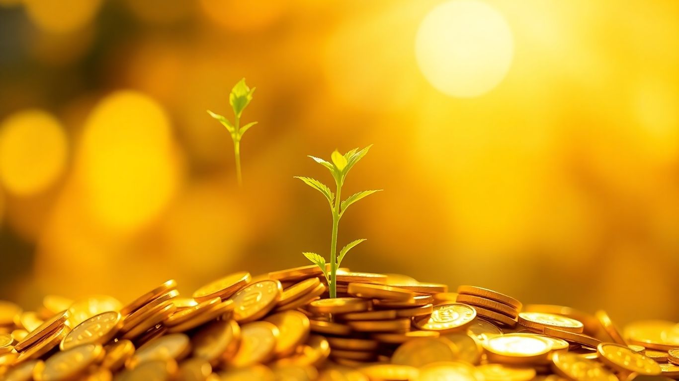 Stock growth calculator with coins and plant.