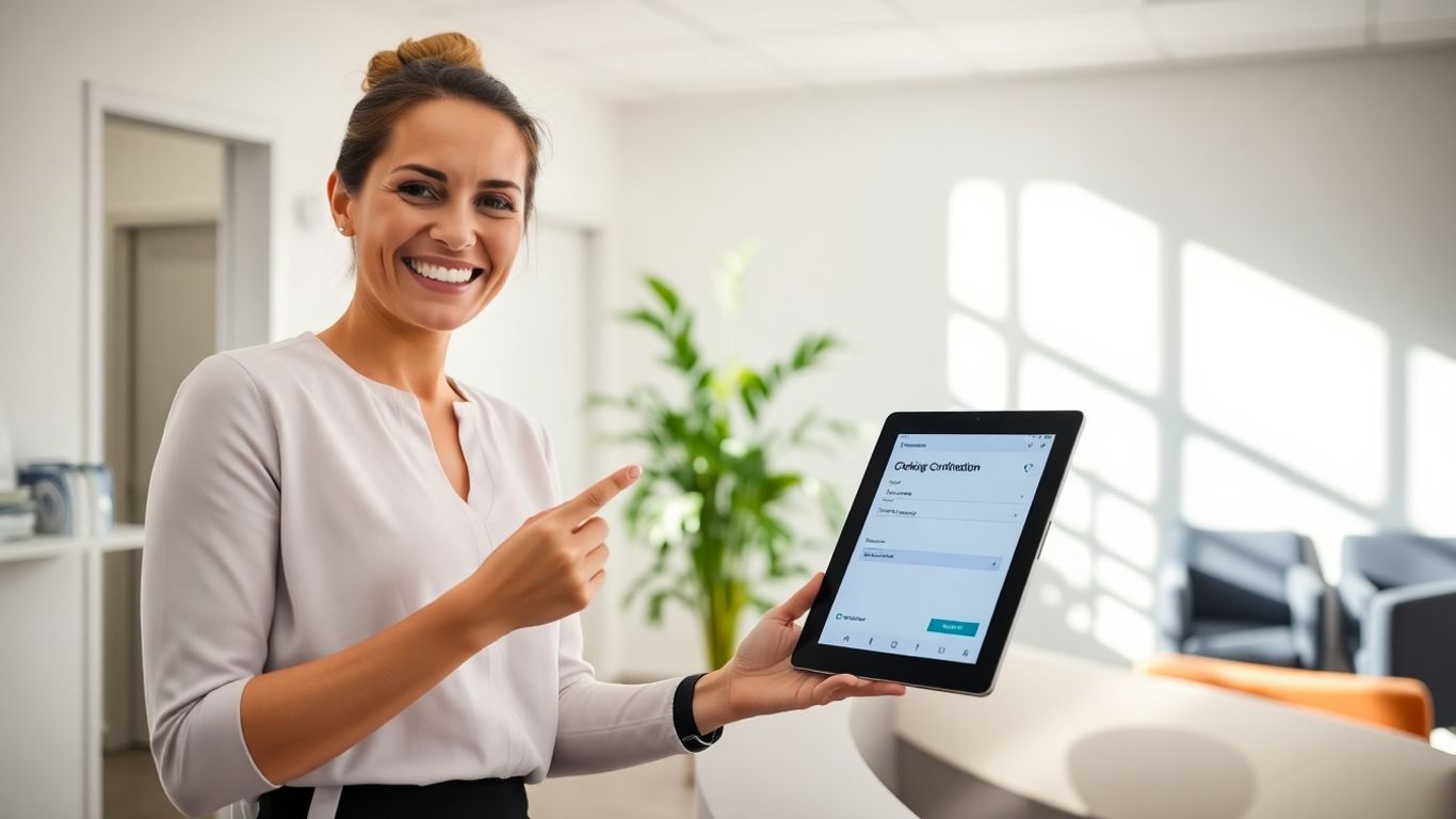 Clinic reception with smiling staff and booking confirmation on tablet.
