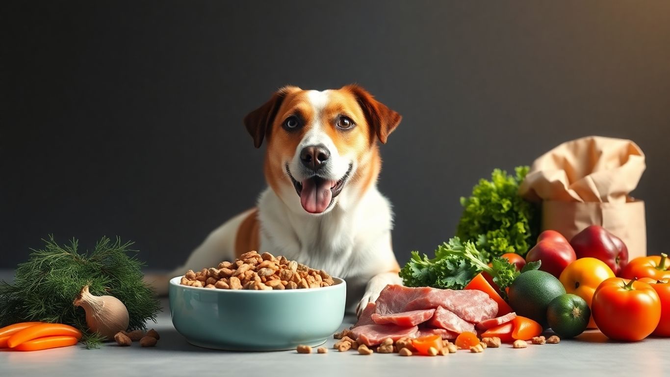 Dog food alternatives with fresh ingredients and a healthy dog.